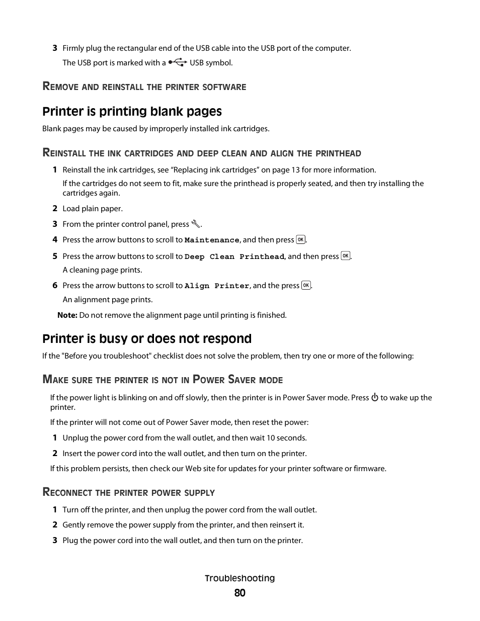 Printer is busy or does not respond, Printer is printing blank pages | Dell V313 All In One Inkjet Printer User Manual | Page 80 / 107