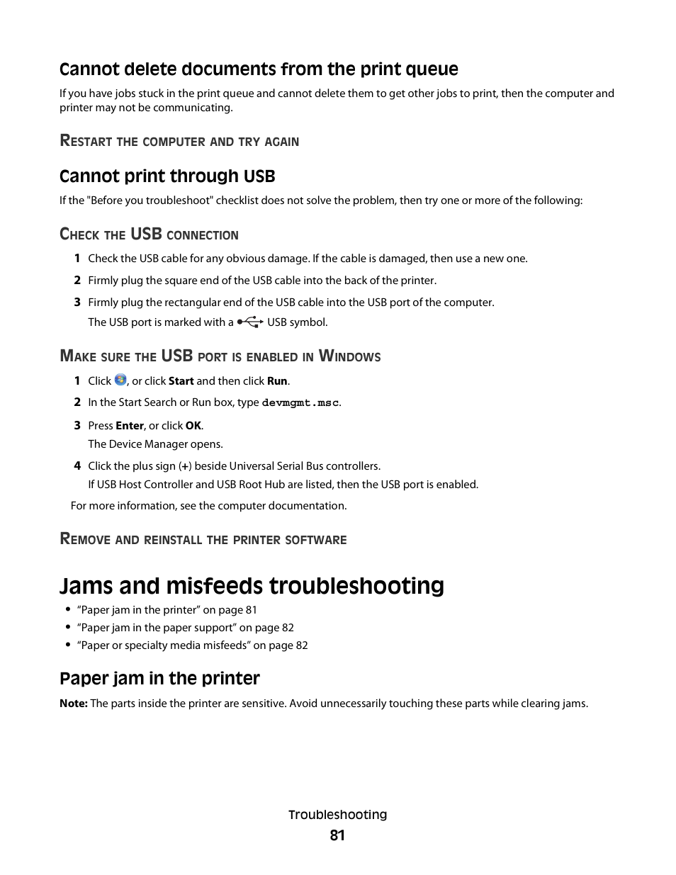 Cannot delete documents from the print queue, Cannot print through usb, Jams and misfeeds troubleshooting | Paper jam in the printer | Dell V313 All In One Inkjet Printer User Manual | Page 81 / 107