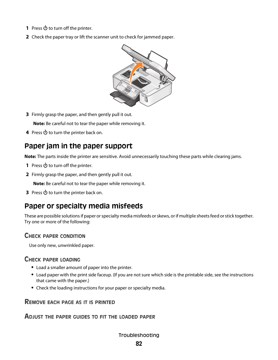 Paper jam in the paper support, Paper or specialty media misfeeds | Dell V313 All In One Inkjet Printer User Manual | Page 82 / 107