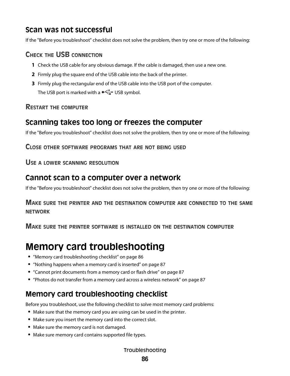 Scan was not successful, Scanning takes too long or freezes the computer, Cannot scan to a computer over a network | Memory card troubleshooting, Memory card troubleshooting checklist | Dell V313 All In One Inkjet Printer User Manual | Page 86 / 107