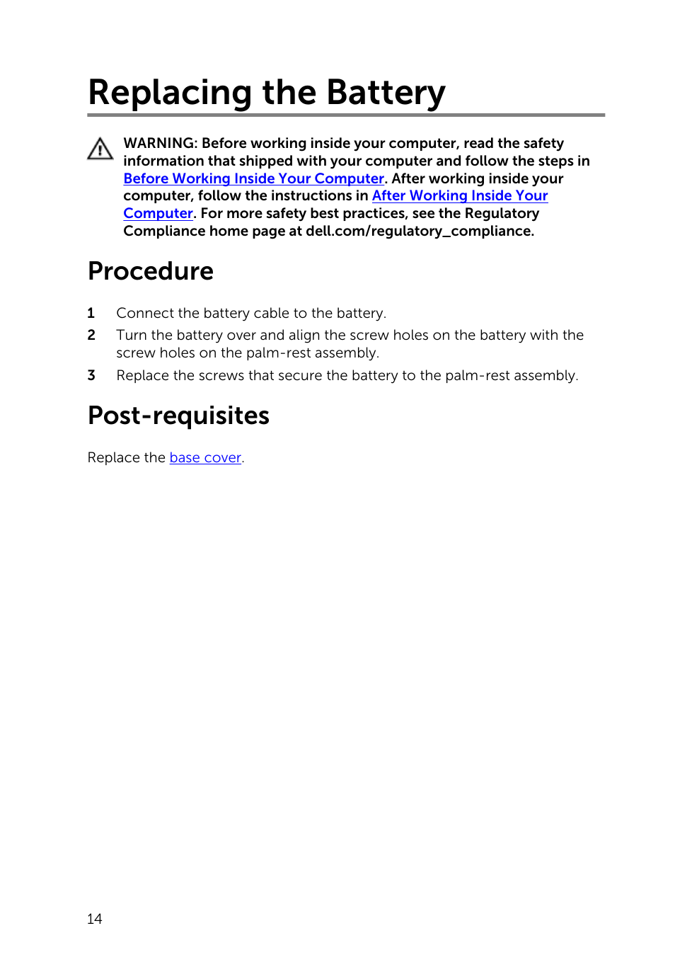 Replacing the battery, Procedure, Post-requisites | Dell Inspiron 15 7547 User Manual | Page 14 / 59