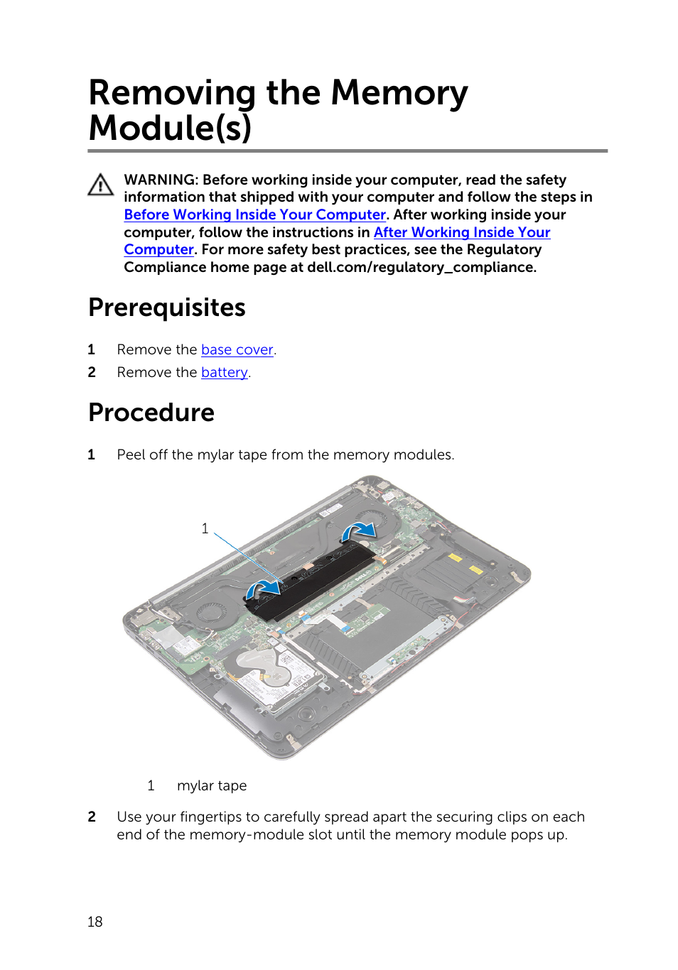 Removing the memory module(s), Prerequisites, Procedure | Dell Inspiron 15 7547 User Manual | Page 18 / 59