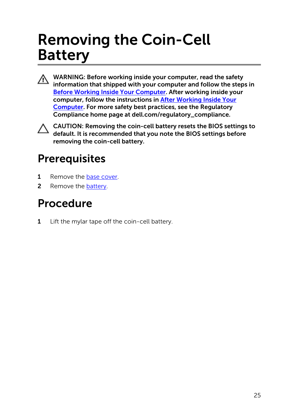 Removing the coin-cell battery, Prerequisites, Procedure | Dell Inspiron 15 7547 User Manual | Page 25 / 59