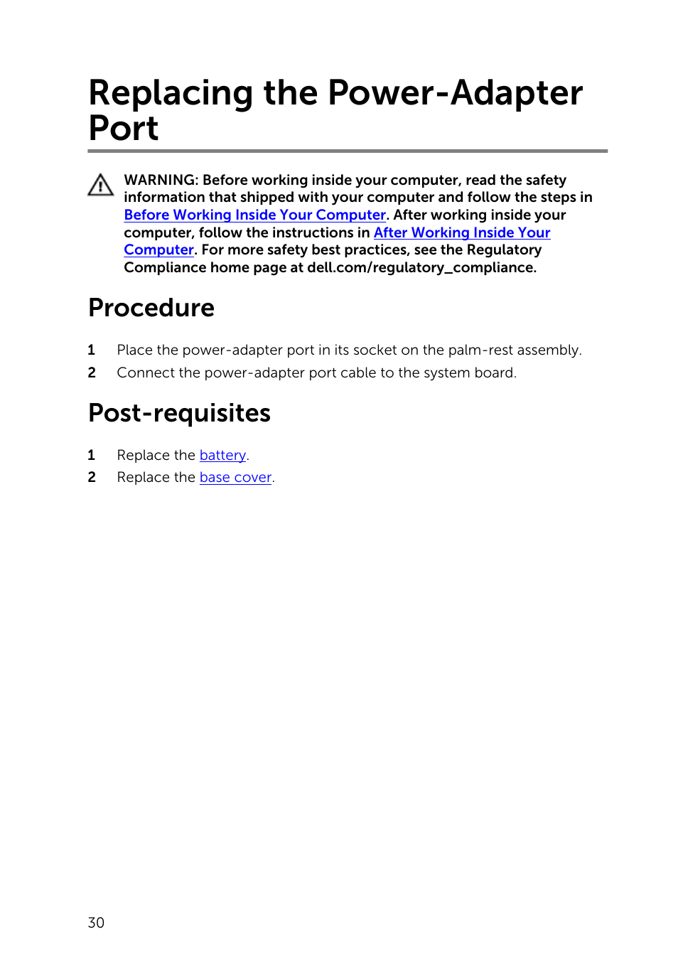 Replacing the power-adapter port, Procedure, Post-requisites | Dell Inspiron 15 7547 User Manual | Page 30 / 59