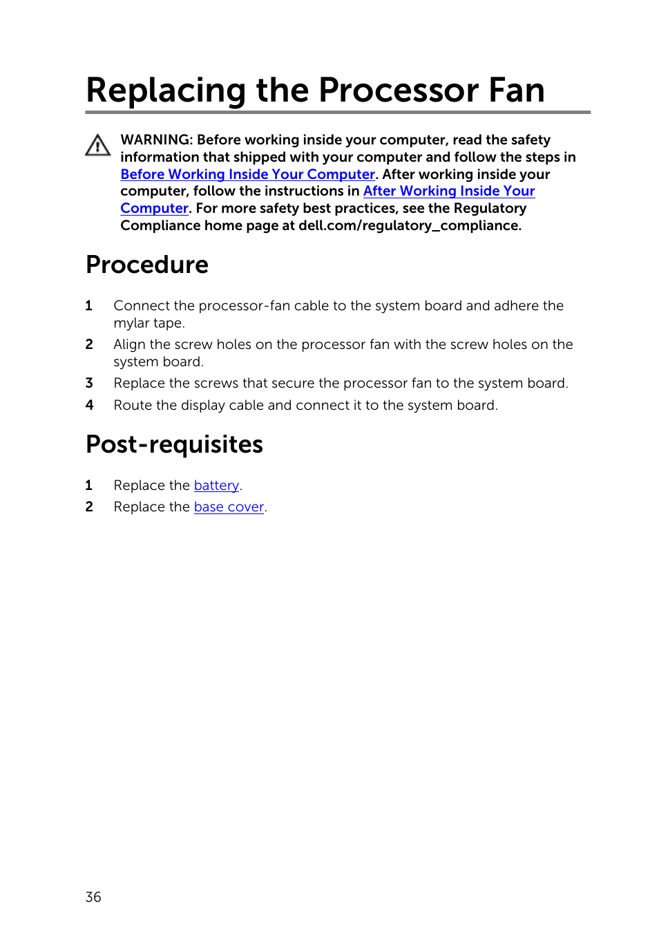 Replacing the processor fan, Procedure, Post-requisites | Dell Inspiron 15 7547 User Manual | Page 36 / 59