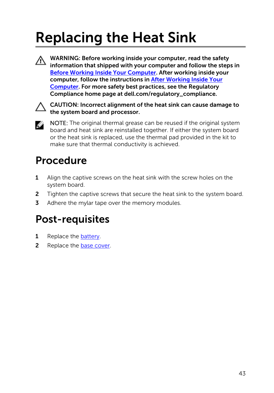 Replacing the heat sink, Procedure, Post-requisites | Dell Inspiron 15 7547 User Manual | Page 43 / 59