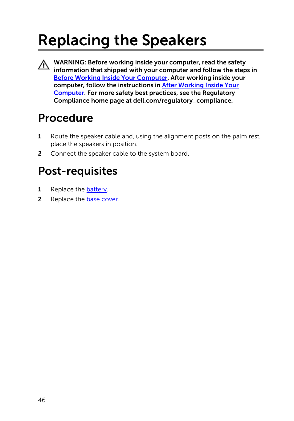 Replacing the speakers, Procedure, Post-requisites | Dell Inspiron 15 7547 User Manual | Page 46 / 59