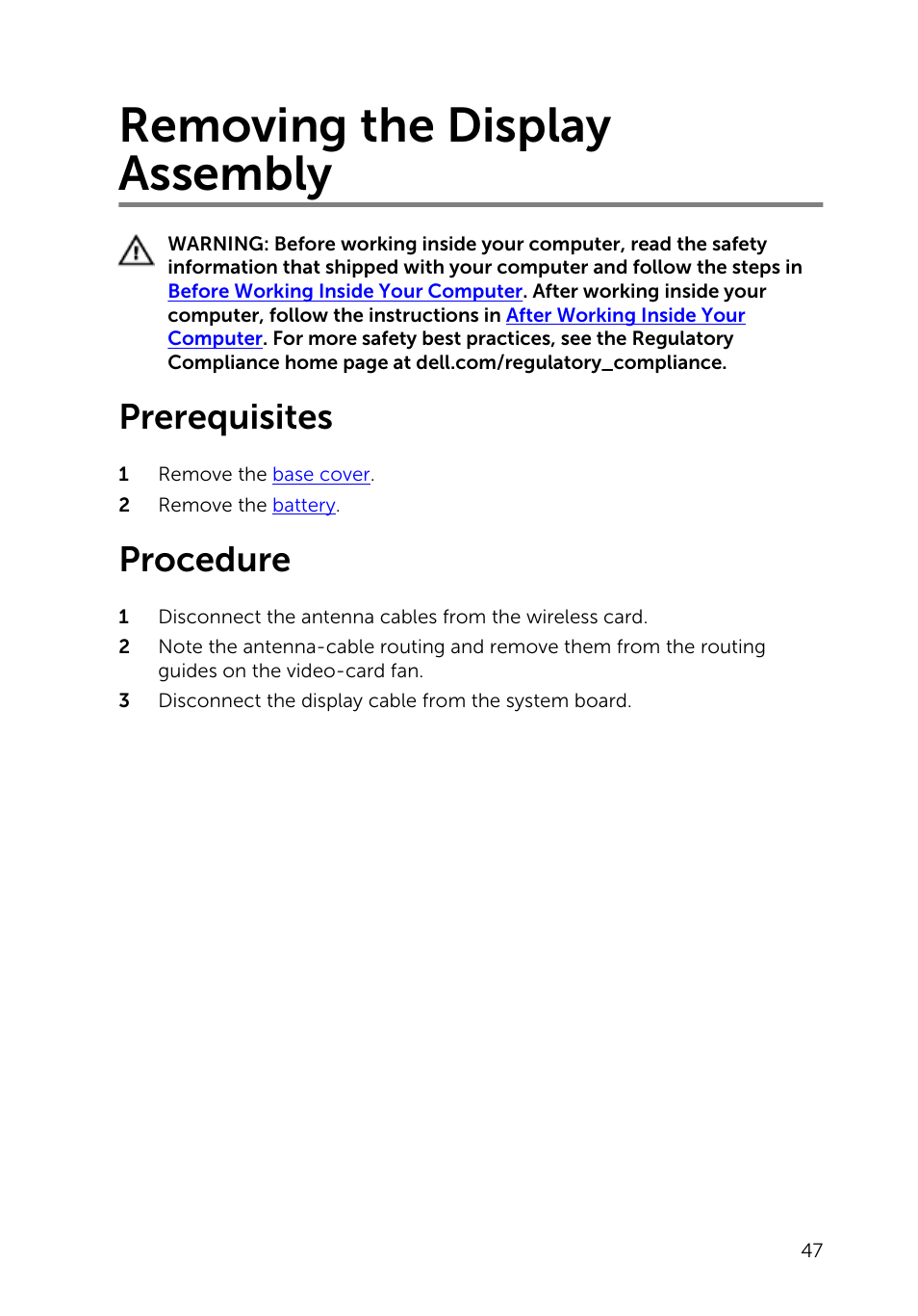 Removing the display assembly, Prerequisites, Procedure | Dell Inspiron 15 7547 User Manual | Page 47 / 59