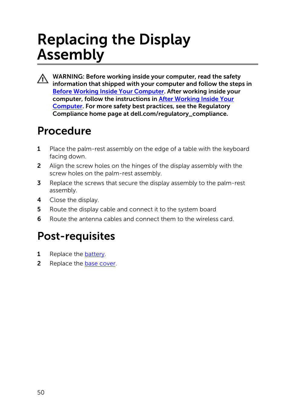 Replacing the display assembly, Procedure, Post-requisites | Dell Inspiron 15 7547 User Manual | Page 50 / 59