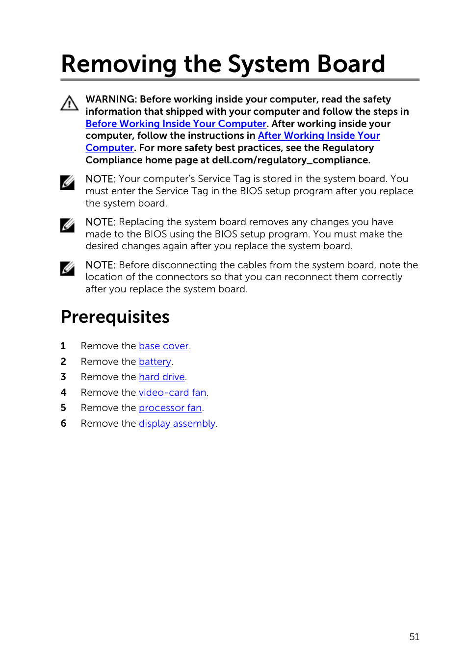 Removing the system board, Prerequisites | Dell Inspiron 15 7547 User Manual | Page 51 / 59