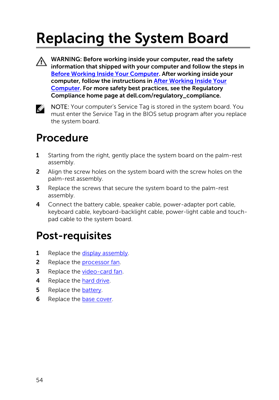 Replacing the system board, Procedure, Post-requisites | Dell Inspiron 15 7547 User Manual | Page 54 / 59