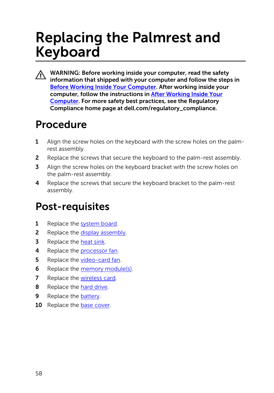 Replacing the palmrest and keyboard, Procedure, Post-requisites | Dell Inspiron 15 7547 User Manual | Page 58 / 59