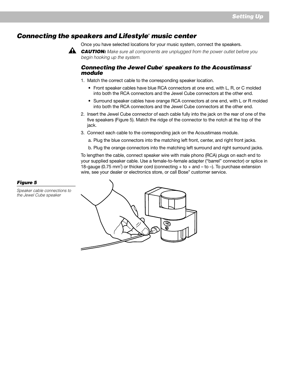 Connecting the speakers and lifestyle, Music center, Setting up | Connecting the jewel cube, Speakers to the acoustimass, Module | Bose Lifestyle 30 Series II User Manual | Page 11 / 43
