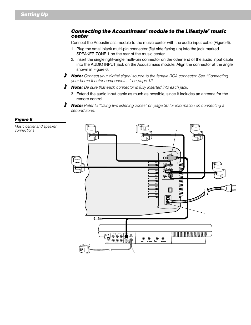 Connecting the acoustimass, Module to the lifestyle, Music center | Setting up | Bose Lifestyle 30 Series II User Manual | Page 12 / 43