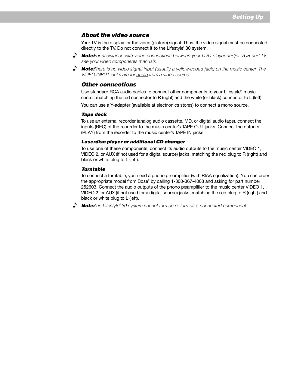 Setting up about the video source, Other connections | Bose Lifestyle 30 Series II User Manual | Page 17 / 43