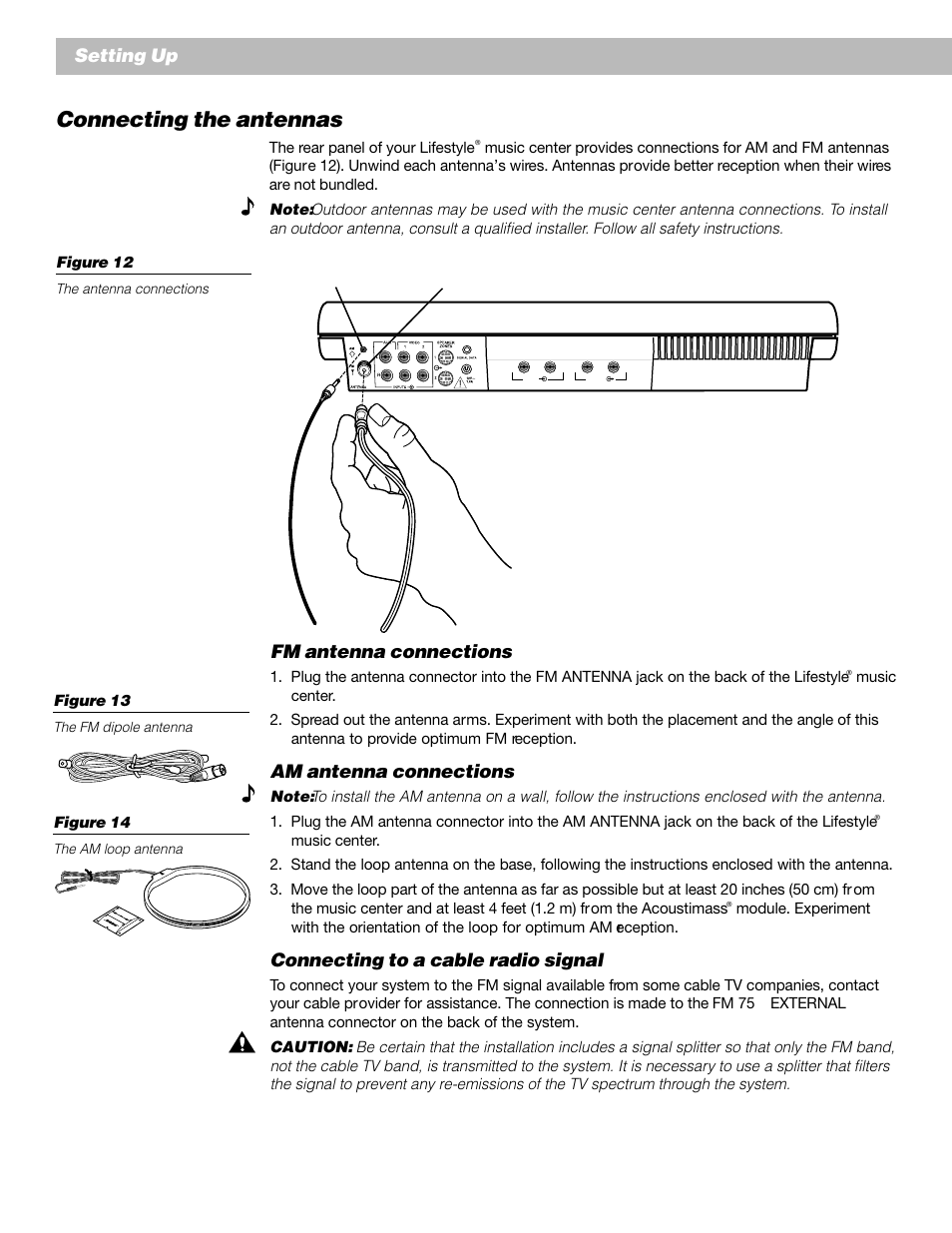 Connecting the antennas, Setting up, Fm antenna connections | Am antenna connections, Connecting to a cable radio signal | Bose Lifestyle 30 Series II User Manual | Page 18 / 43