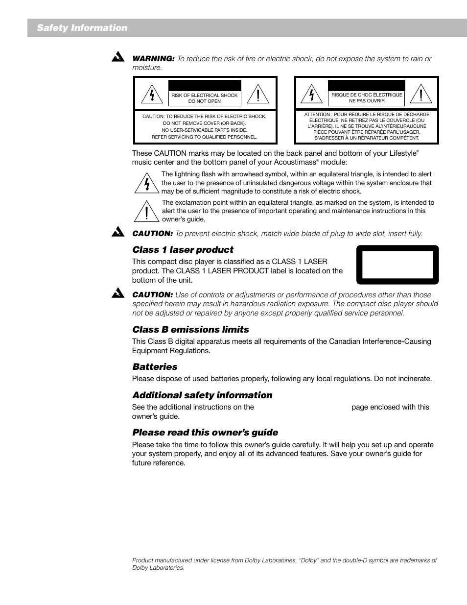 Safety information, Class 1 laser product, Class b emissions limits | Batteries, Additional safety information, Please read this owner’s guide | Bose Lifestyle 30 Series II User Manual | Page 2 / 43