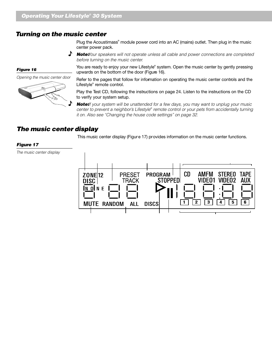 Turning on the music center, The music center display, Operating your lifestyle | 30 system | Bose Lifestyle 30 Series II User Manual | Page 20 / 43