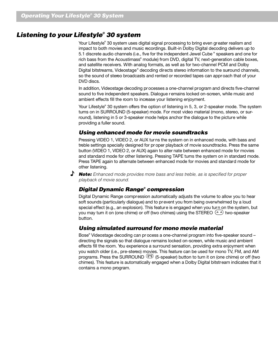 Listening to your lifestyle, 30 system, Using enhanced mode for movie soundtracks | Digital dynamic range, Compression, Using simulated surround for mono movie material, Operating your lifestyle | Bose Lifestyle 30 Series II User Manual | Page 24 / 43