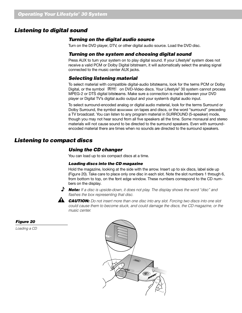 Listening to digital sound, Listening to compact discs, Operating your lifestyle | 30 system, Turning on the digital audio source, Turning on the system and choosing digital sound, Selecting listening material, Using the cd changer | Bose Lifestyle 30 Series II User Manual | Page 26 / 43