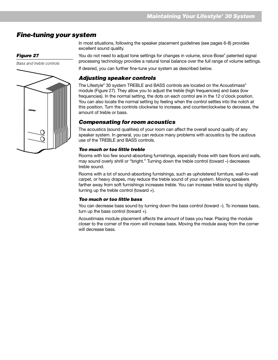 Fine-tuning your system, Maintaining your lifestyle, 30 system | Adjusting speaker controls, Compensating for room acoustics | Bose Lifestyle 30 Series II User Manual | Page 31 / 43