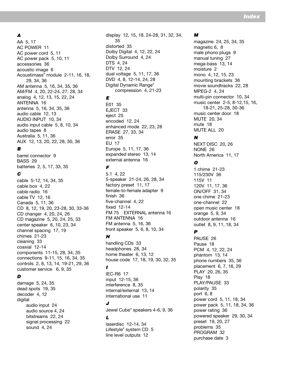 Index | Bose Lifestyle 30 Series II User Manual | Page 39 / 43