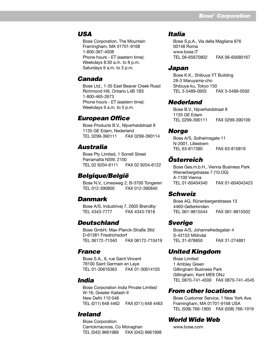 Canada, European office, Australia | Belgique/belgië, Danmark, Deutschland, France, India, Ireland, Italia | Bose Lifestyle 30 Series II User Manual | Page 42 / 43