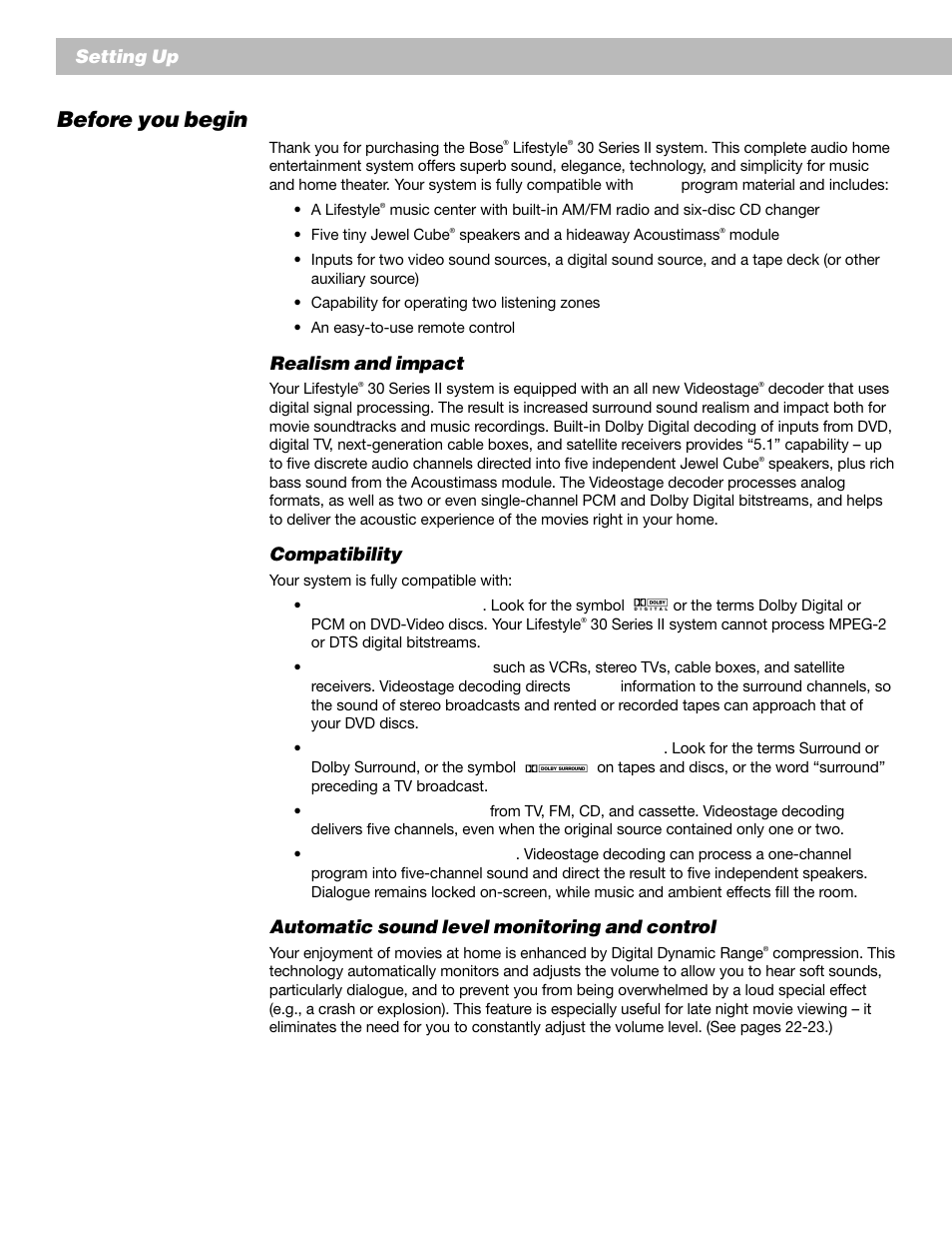 Before you begin, Setting up, Realism and impact | Compatibility, Automatic sound level monitoring and control | Bose Lifestyle 30 Series II User Manual | Page 6 / 43