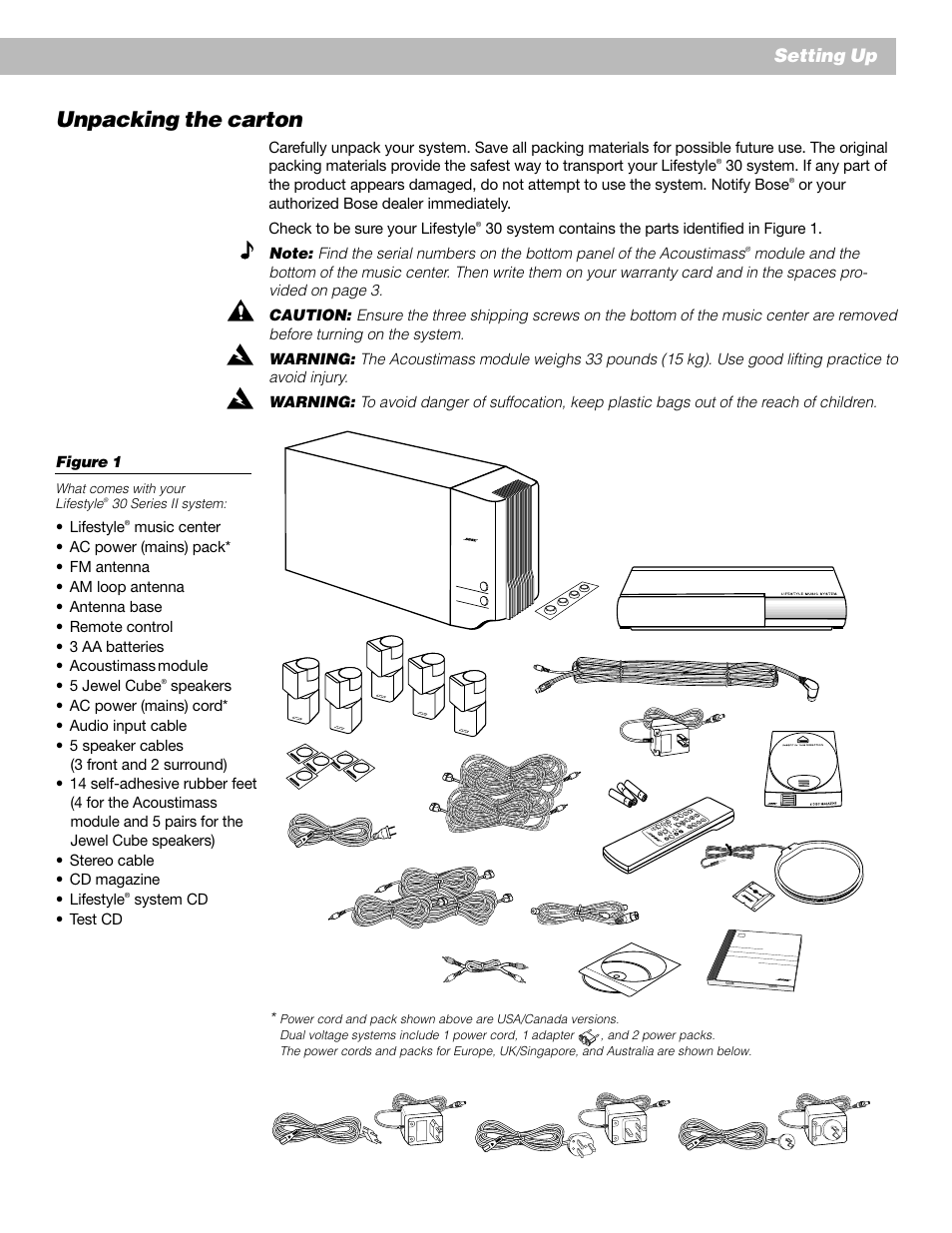Unpacking the carton, Setting up | Bose Lifestyle 30 Series II User Manual | Page 7 / 43