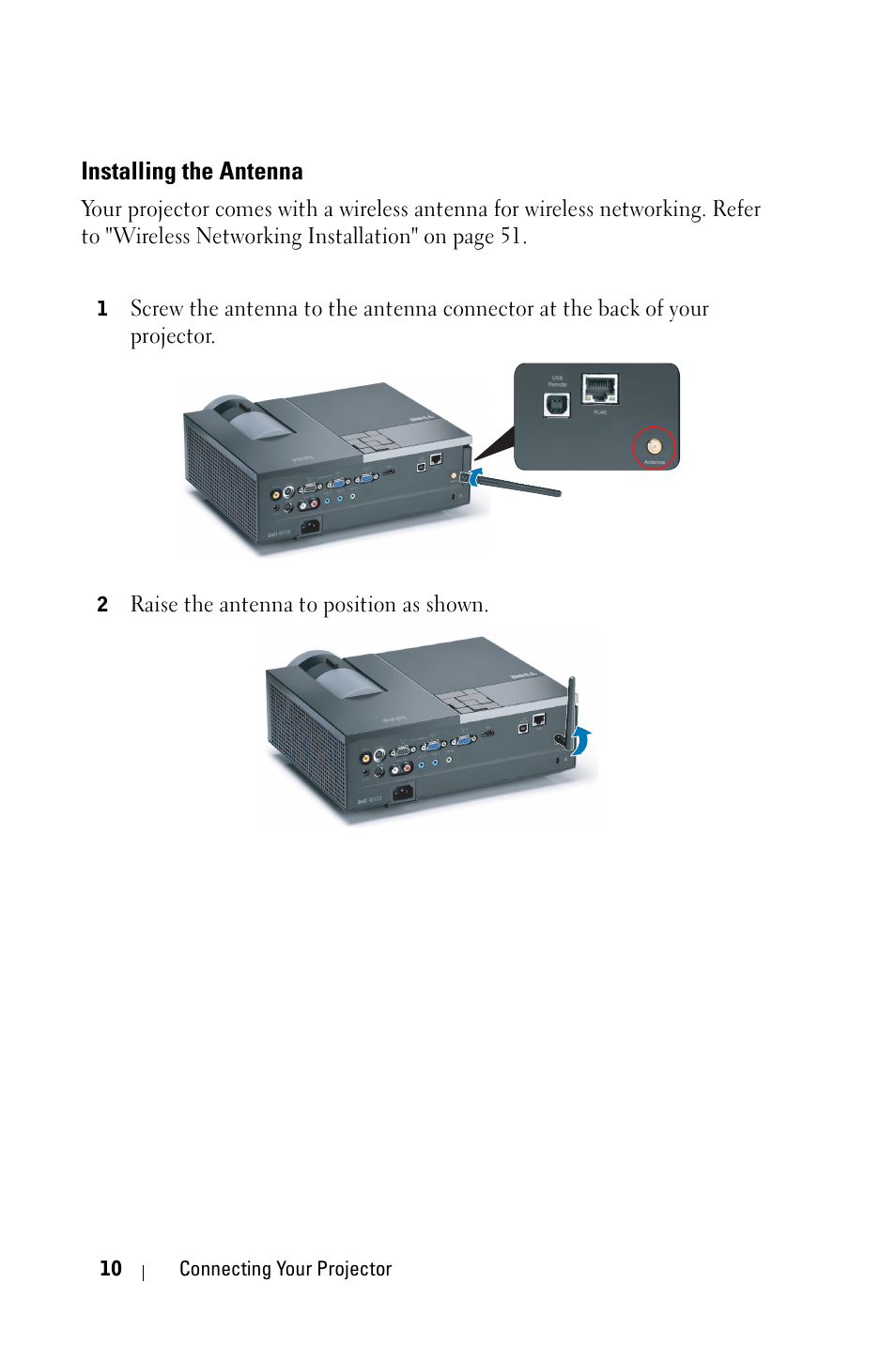 Installing the antenna | Dell 4610X Wireless Projector User Manual | Page 10 / 98
