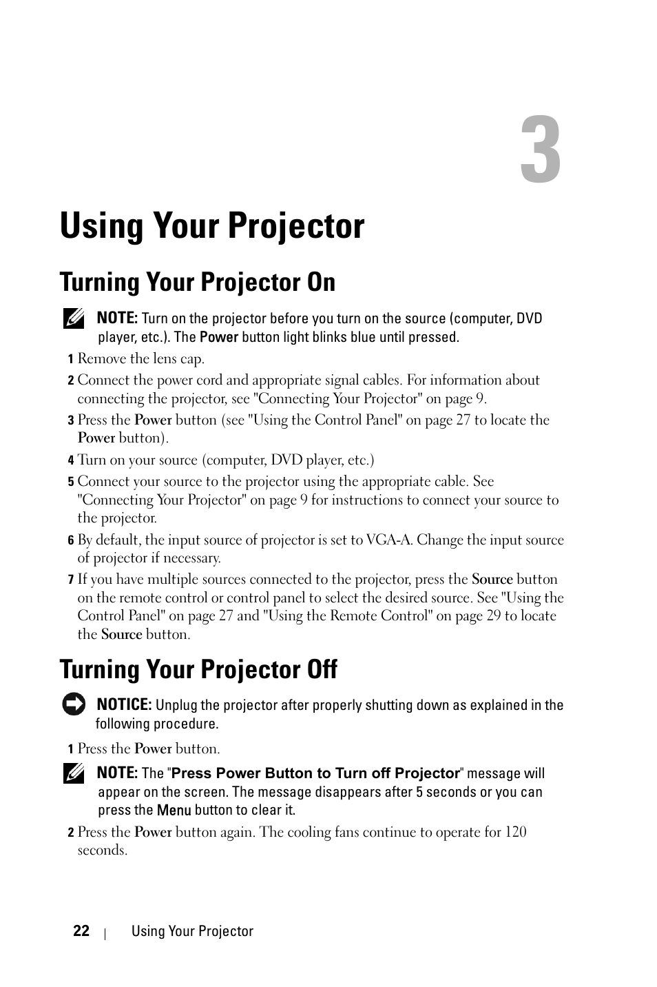 Using your projector, Turning your projector on, Turning your projector off | Dell 4610X Wireless Projector User Manual | Page 22 / 98