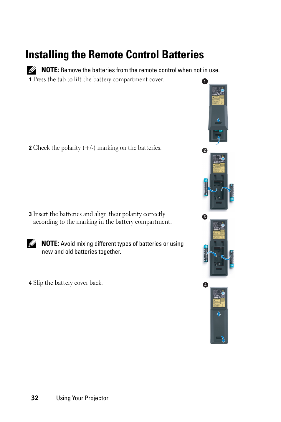 Installing the remote control batteries | Dell 4610X Wireless Projector User Manual | Page 32 / 98