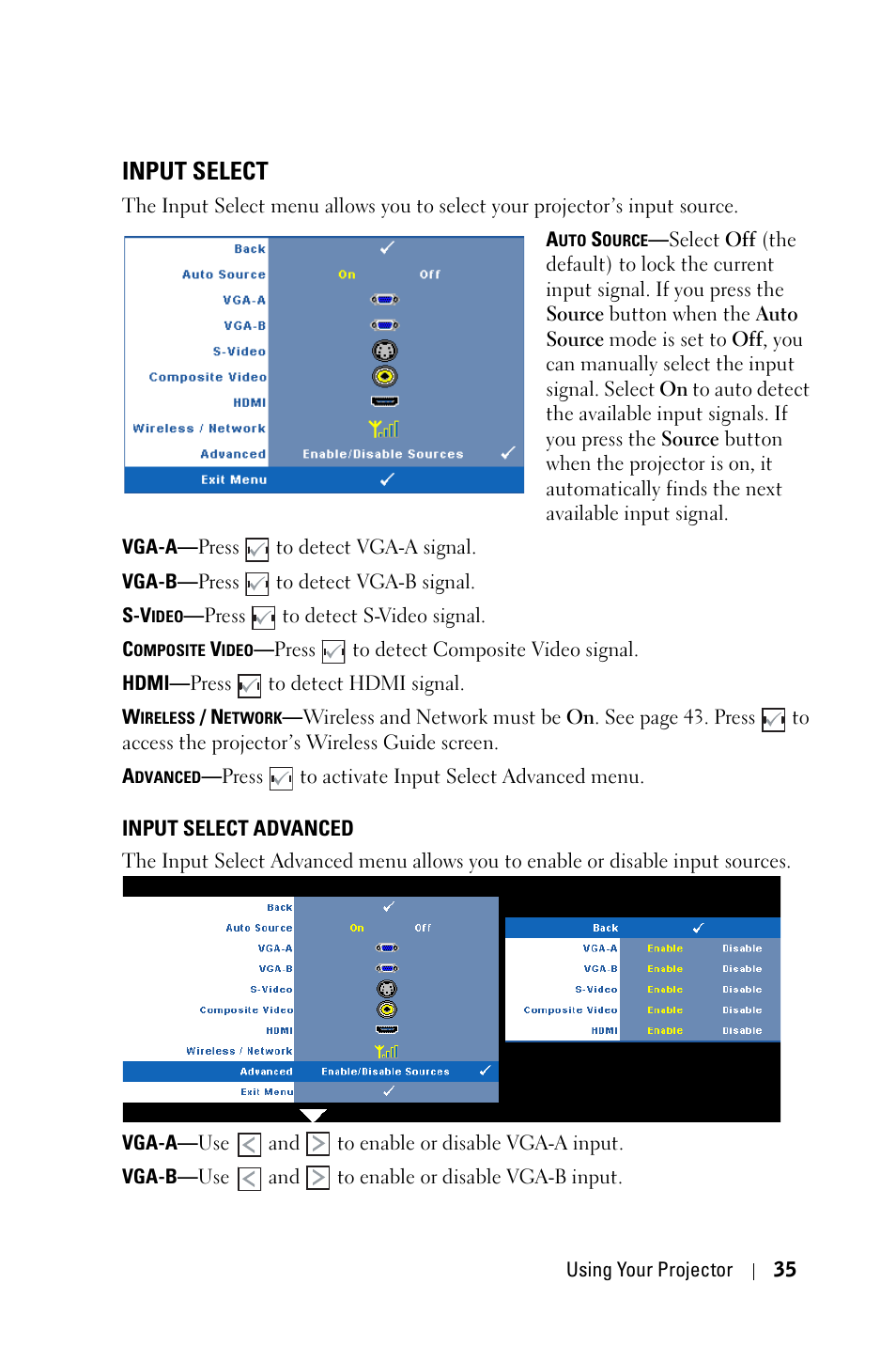Input select, Input select advanced | Dell 4610X Wireless Projector User Manual | Page 35 / 98