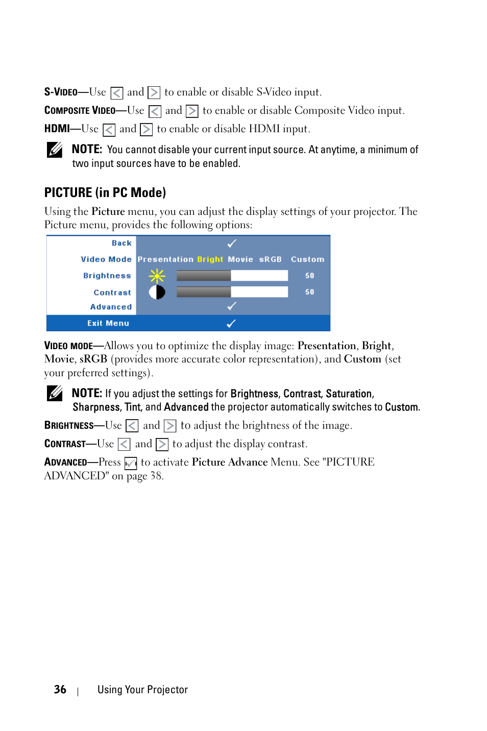 Picture (in pc mode) | Dell 4610X Wireless Projector User Manual | Page 36 / 98
