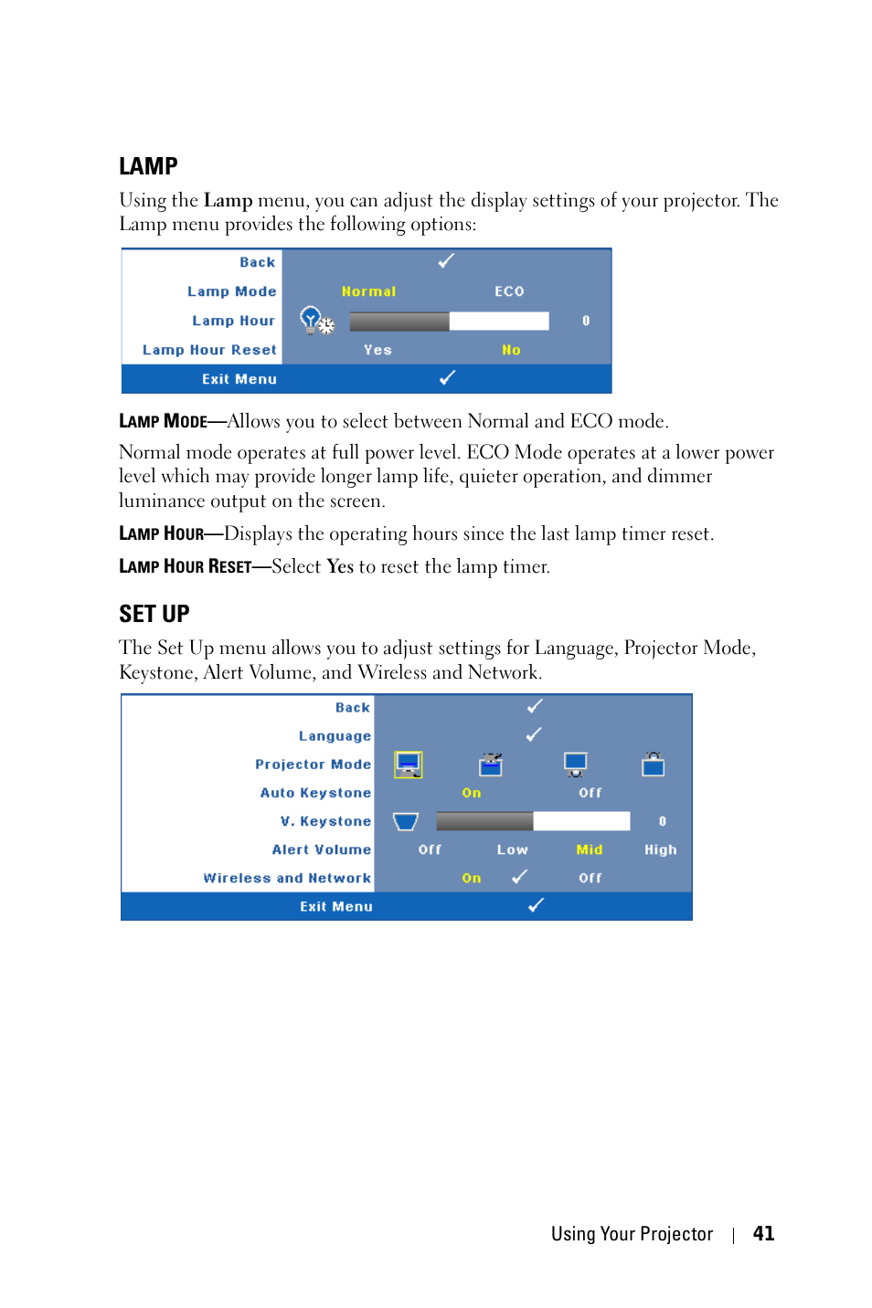 Lamp, Set up | Dell 4610X Wireless Projector User Manual | Page 41 / 98