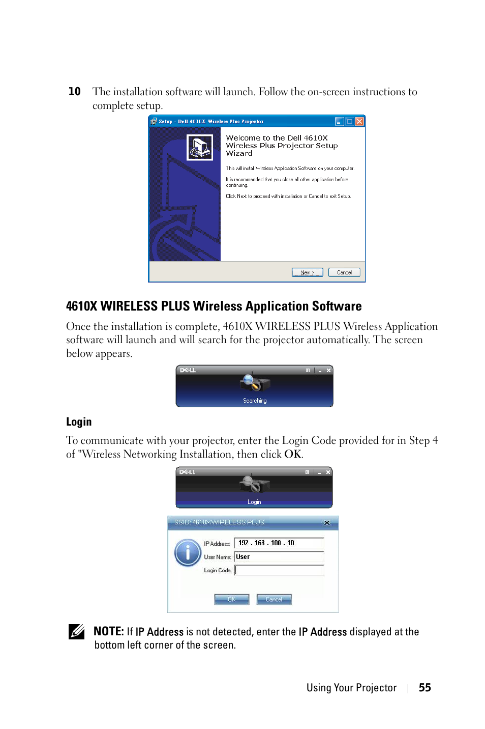 4610x wireless plus wireless application software, Login, 4610x wireless plus | Wireless application software | Dell 4610X Wireless Projector User Manual | Page 55 / 98