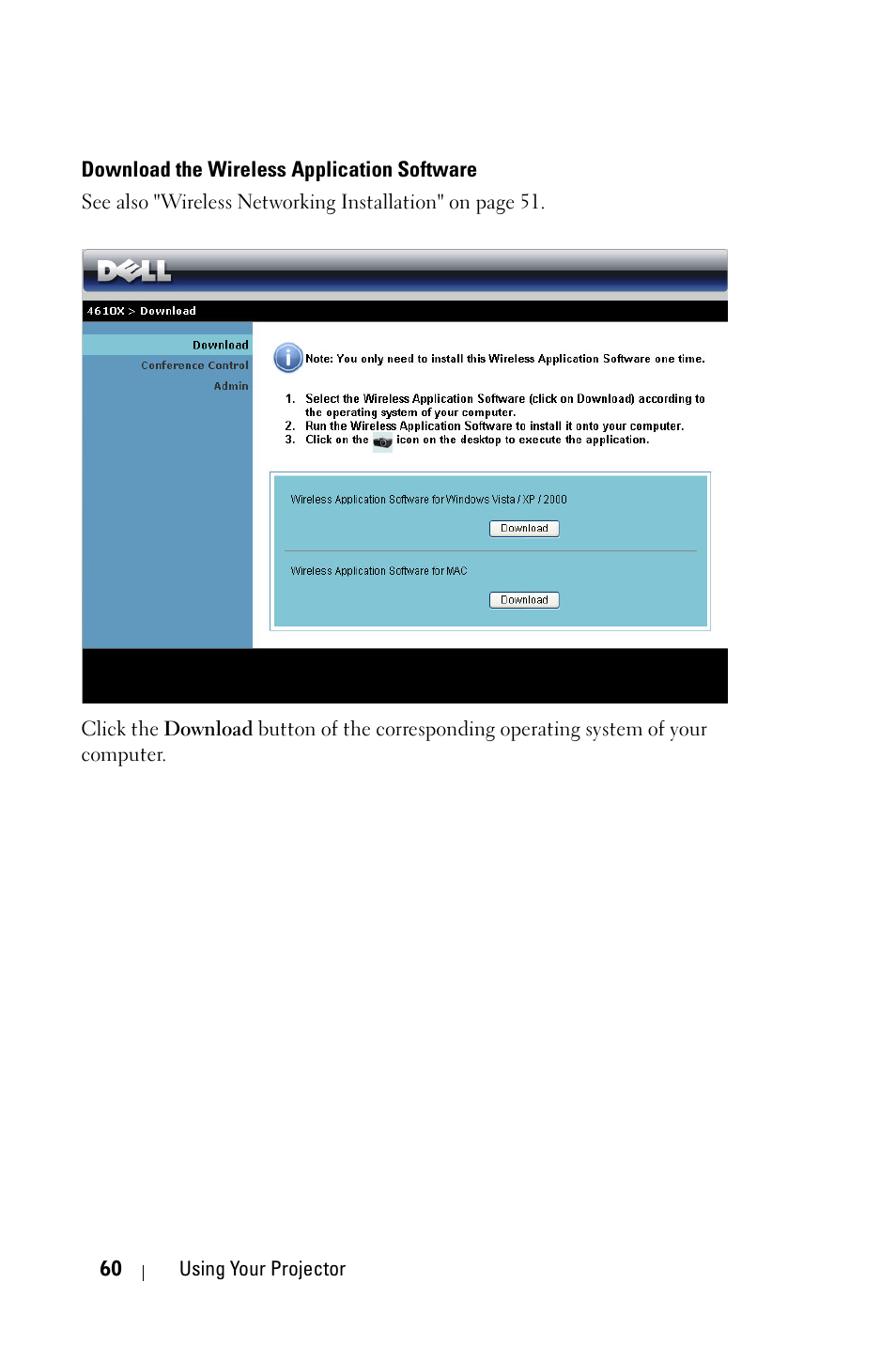 Download the wireless application software | Dell 4610X Wireless Projector User Manual | Page 60 / 98