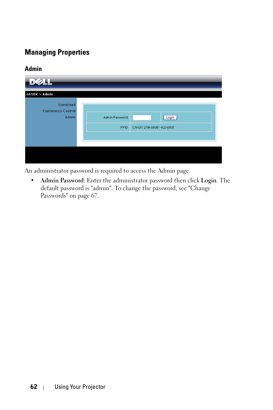 Managing properties, Admin | Dell 4610X Wireless Projector User Manual | Page 62 / 98