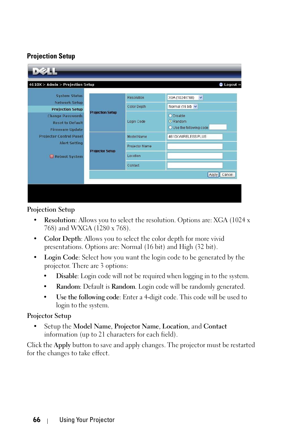 Projection setup | Dell 4610X Wireless Projector User Manual | Page 66 / 98
