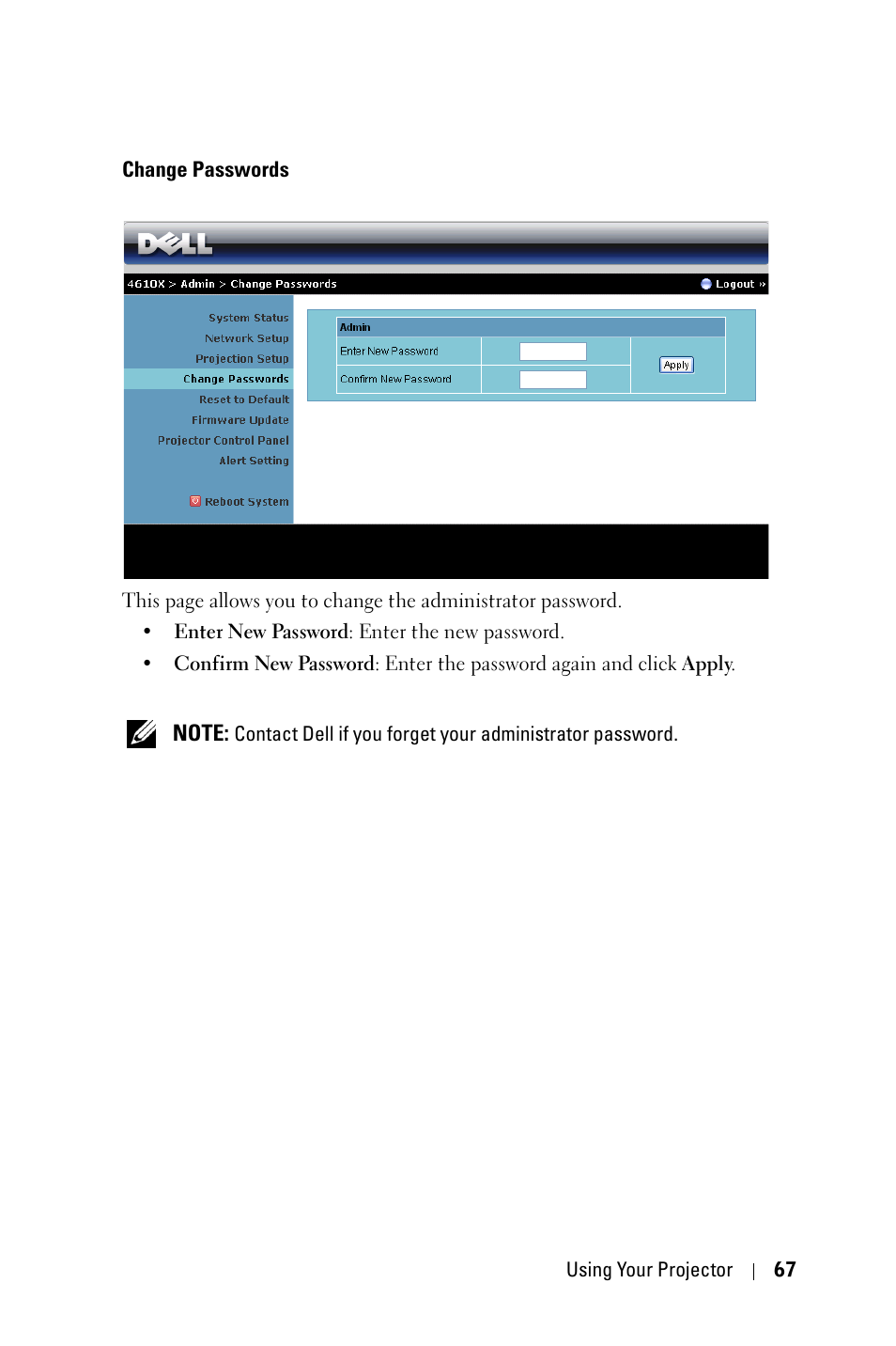 Change passwords | Dell 4610X Wireless Projector User Manual | Page 67 / 98