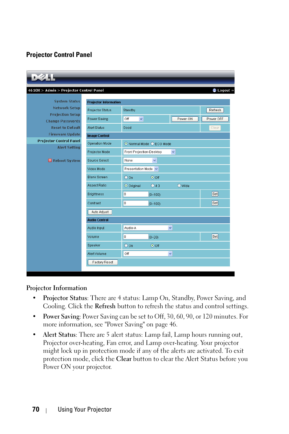 Projector control panel | Dell 4610X Wireless Projector User Manual | Page 70 / 98