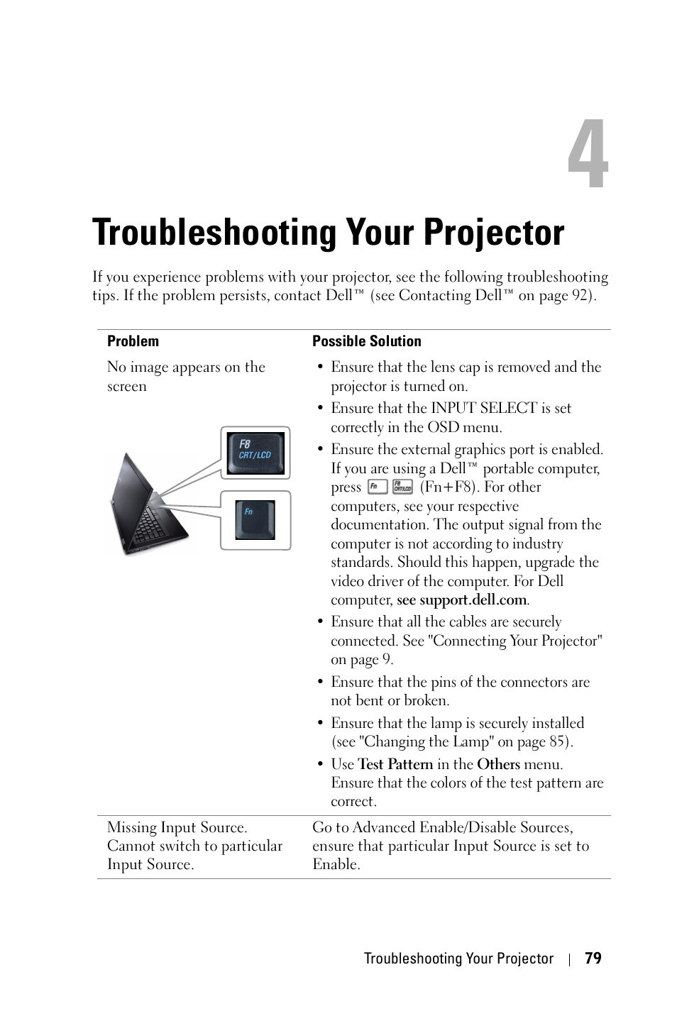 Troubleshooting your projector, E "troubleshooting your | Dell 4610X Wireless Projector User Manual | Page 79 / 98