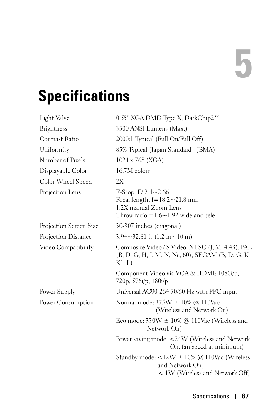 Specifications | Dell 4610X Wireless Projector User Manual | Page 87 / 98