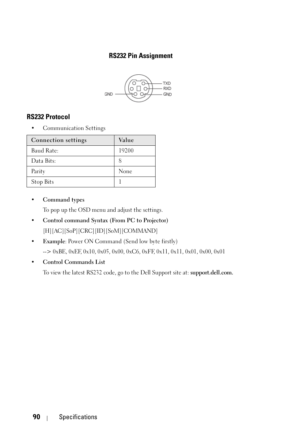 Rs232 pin assignment, Rs232 protocol | Dell 4610X Wireless Projector User Manual | Page 90 / 98