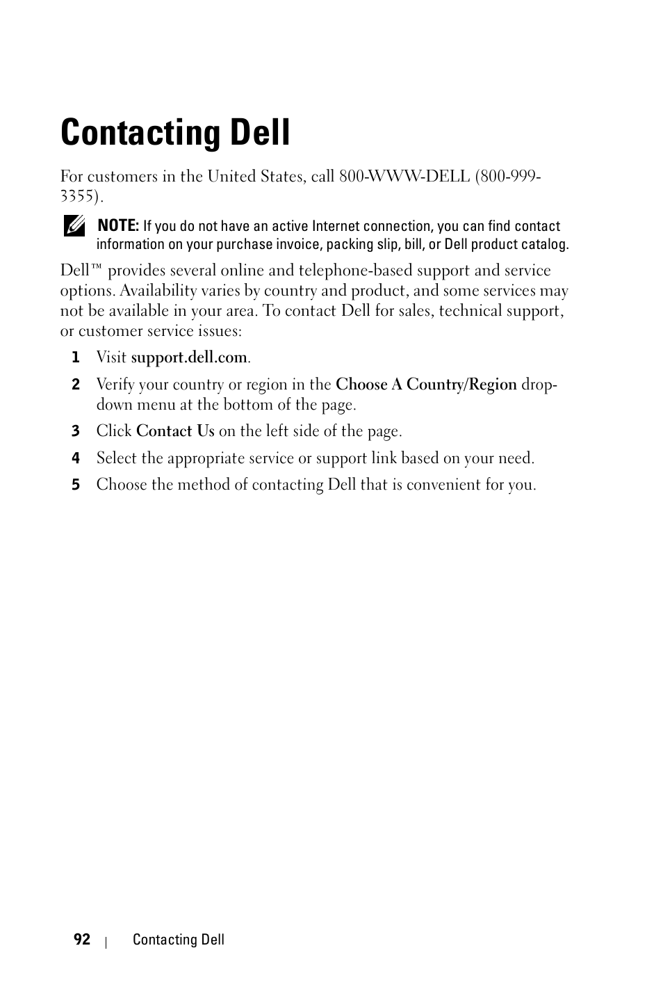 Contacting dell | Dell 4610X Wireless Projector User Manual | Page 92 / 98