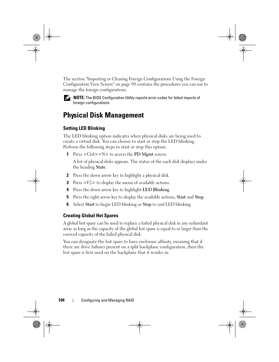 Physical disk management, Setting led blinking, Creating global hot spares | Dell PowerEdge RAID Controller 6i User Manual | Page 104 / 156