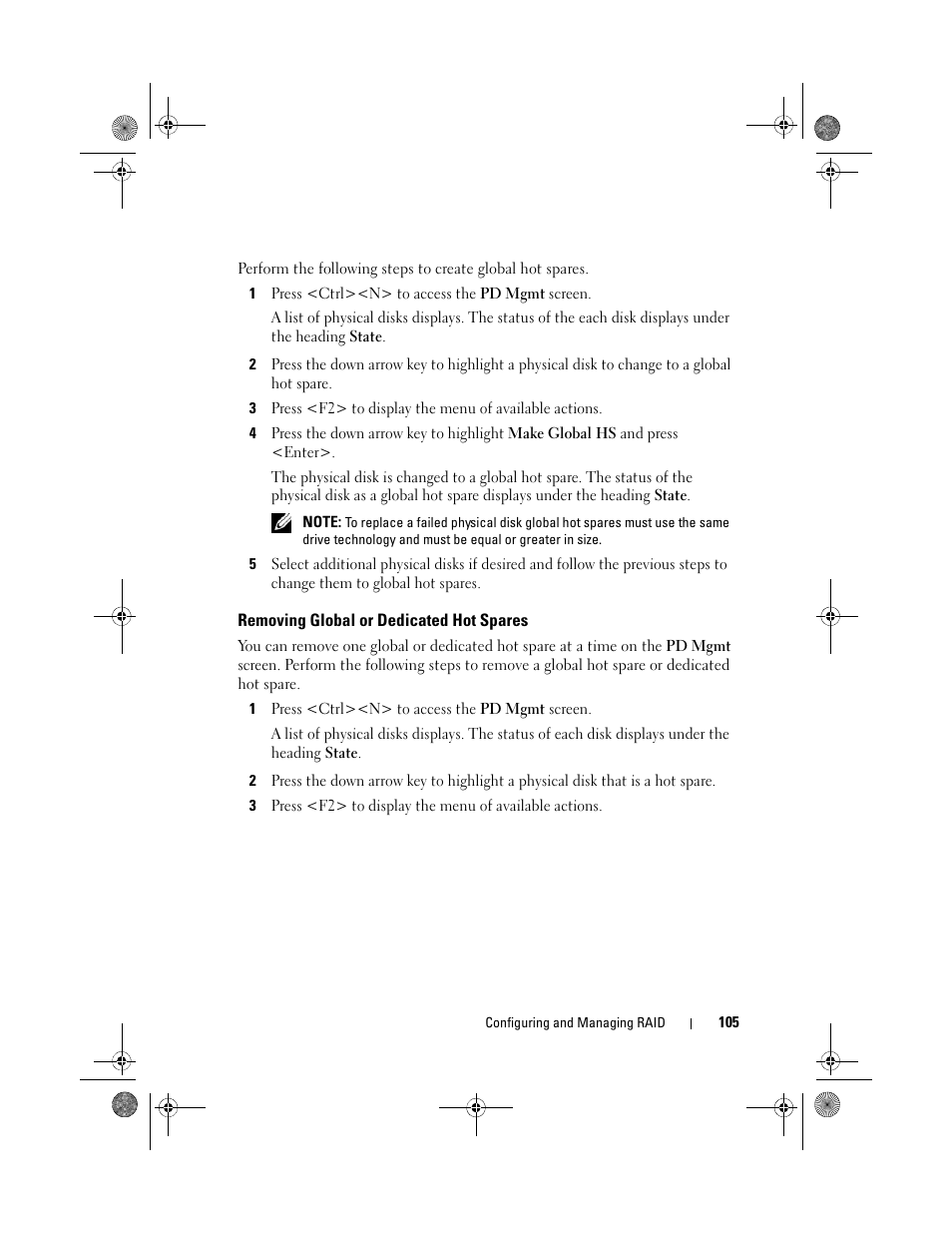 Removing global or dedicated hot spares | Dell PowerEdge RAID Controller 6i User Manual | Page 105 / 156