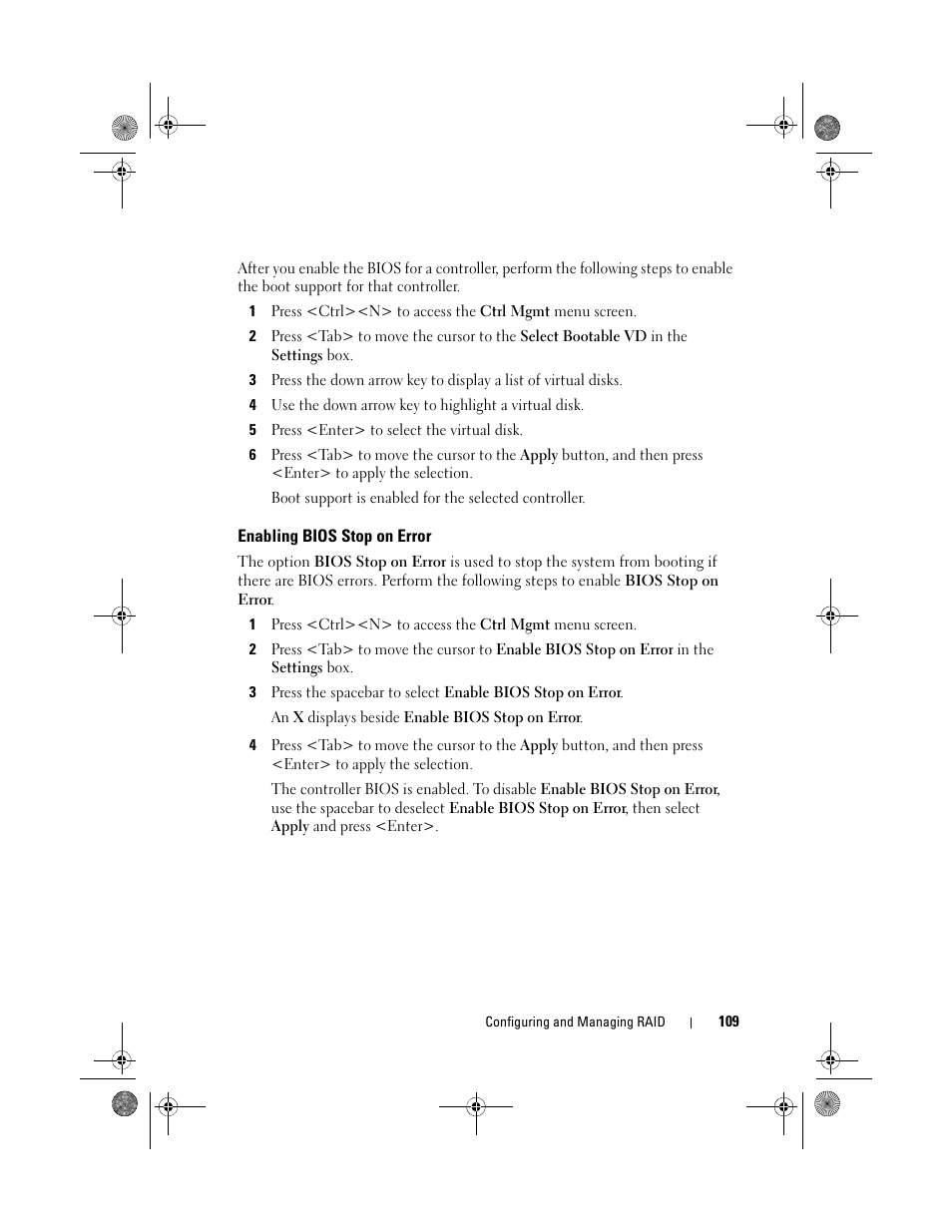 Enabling bios stop on error | Dell PowerEdge RAID Controller 6i User Manual | Page 109 / 156