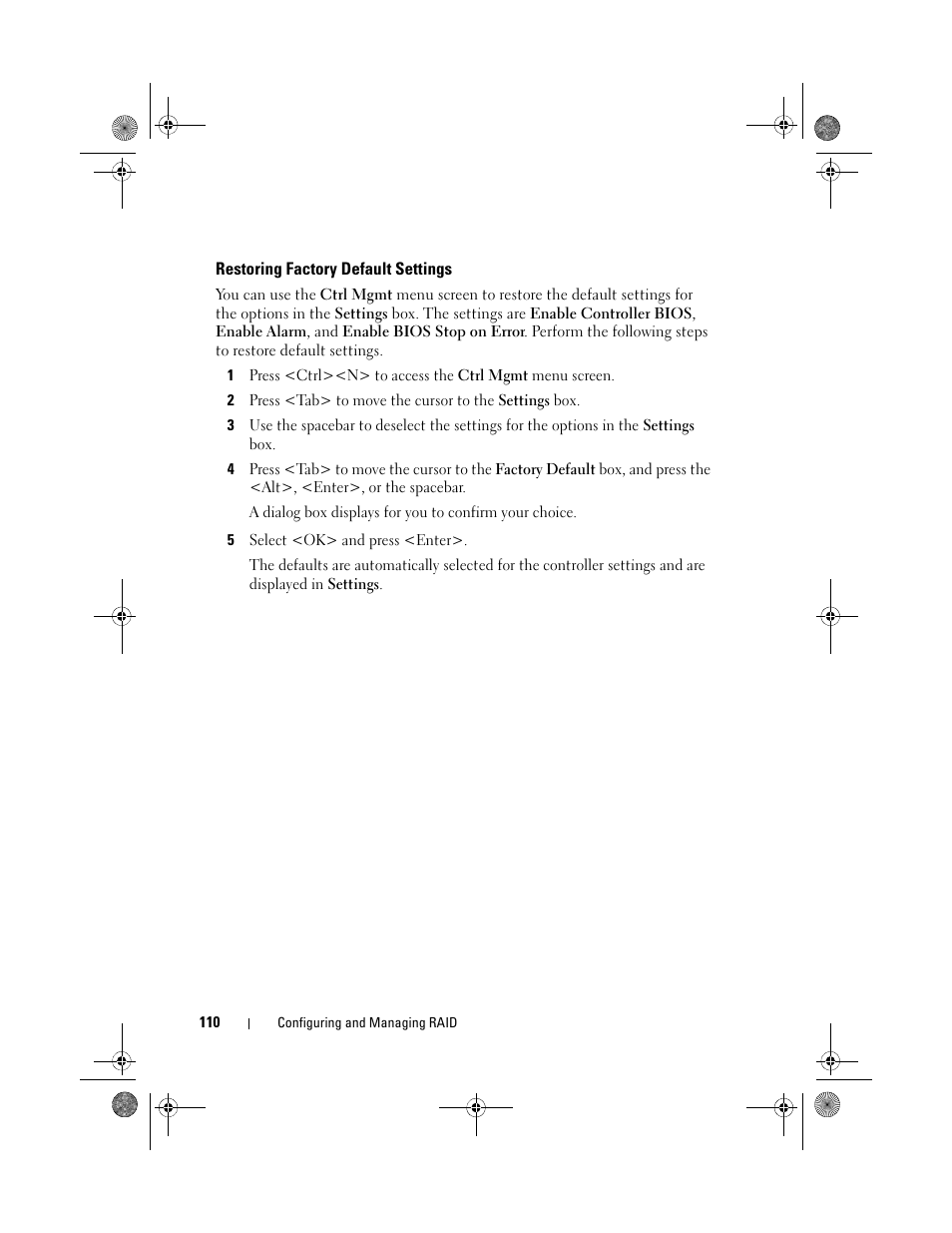Restoring factory default settings | Dell PowerEdge RAID Controller 6i User Manual | Page 110 / 156