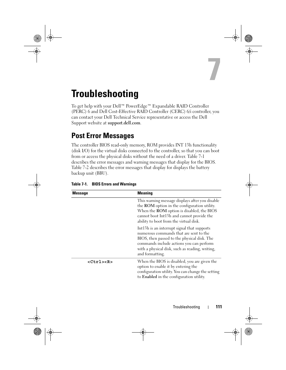 Troubleshooting, Post error messages | Dell PowerEdge RAID Controller 6i User Manual | Page 111 / 156